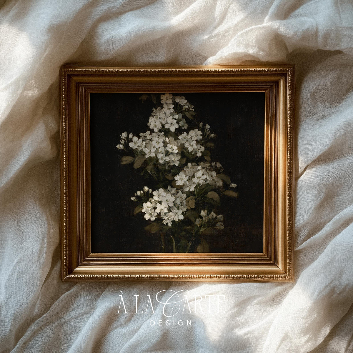 Botanical still life poster for office — delicate white flowers and leaves, dramatic classical composition