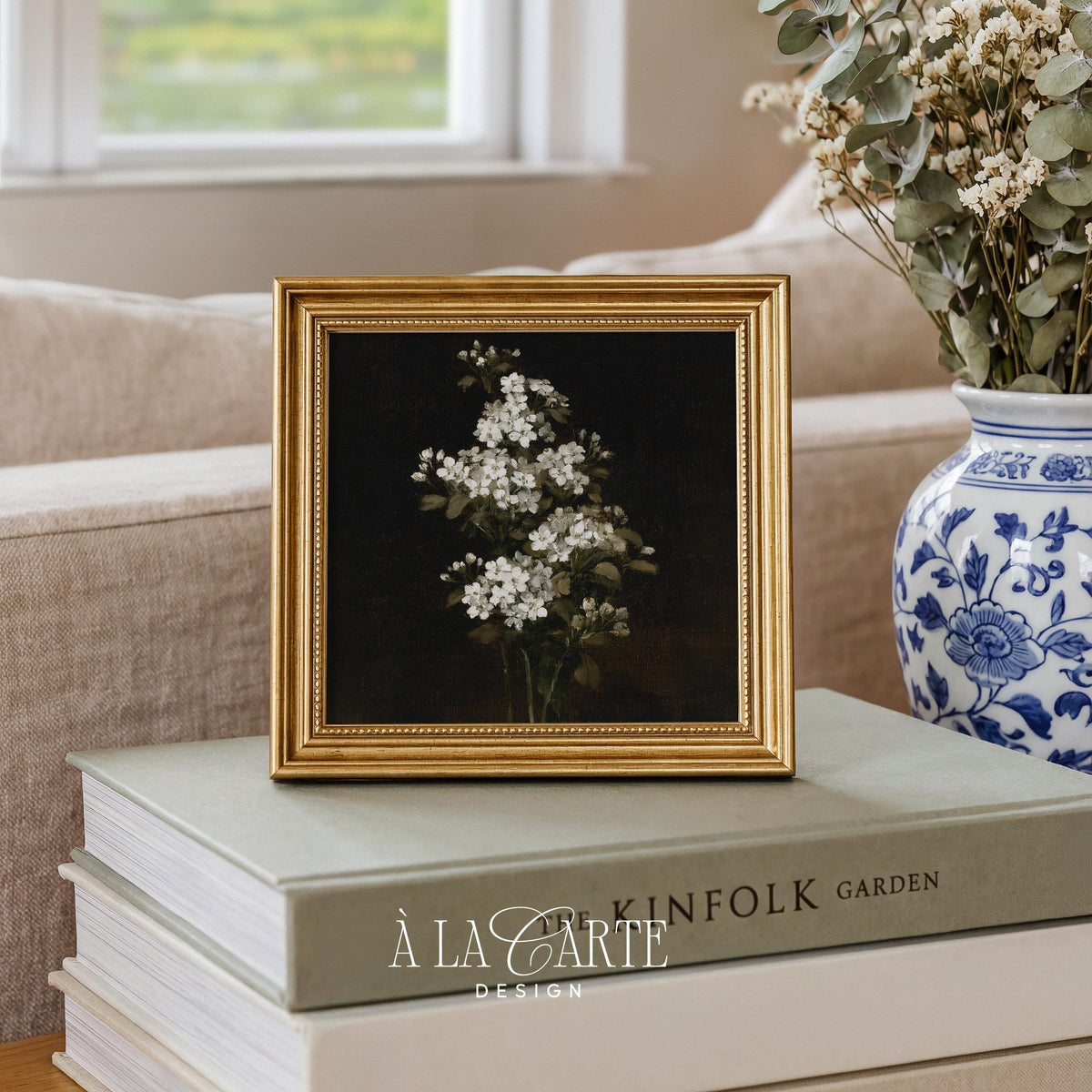 Delicate flower cluster printable art for study — antique still life poster with dramatic black backdrop