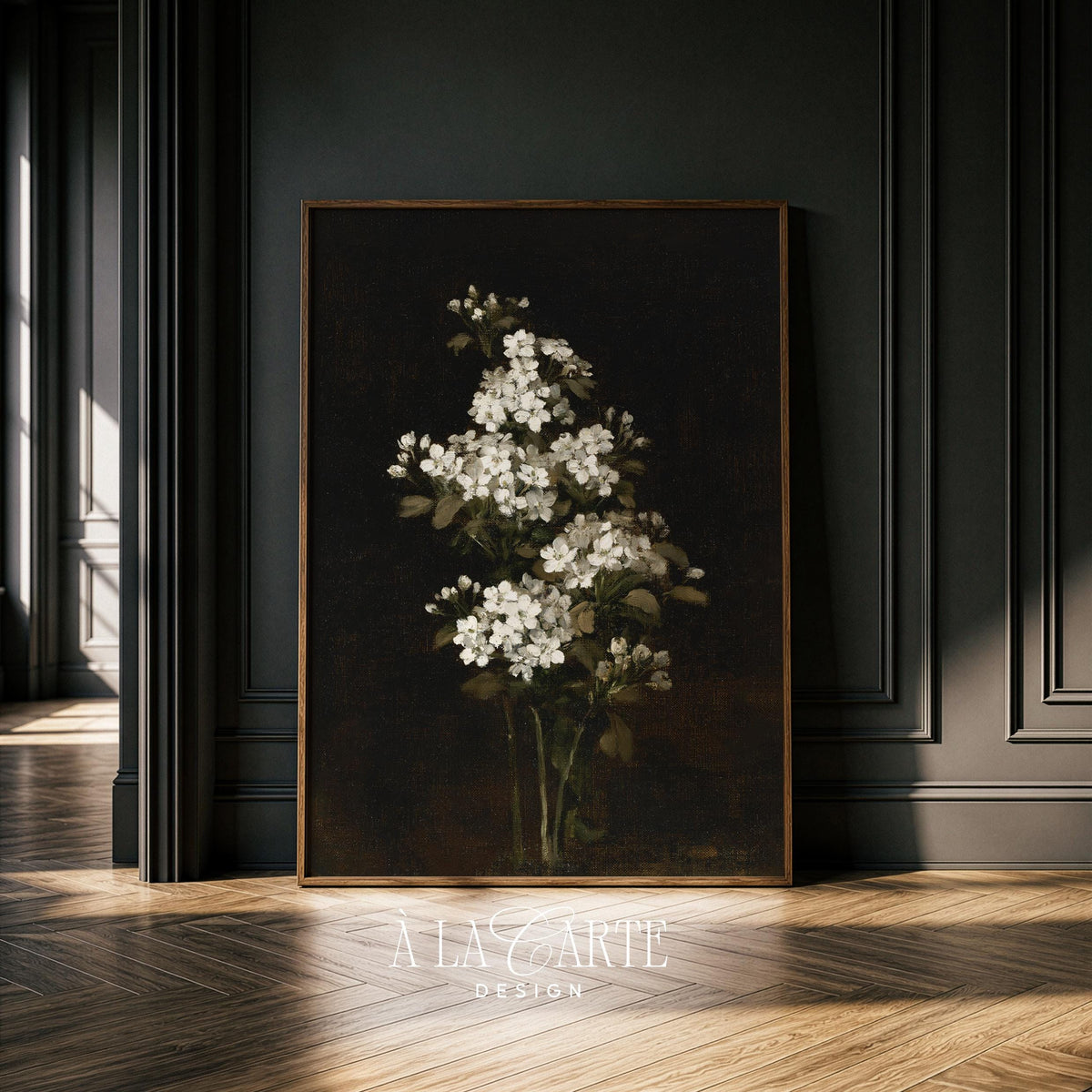 Antique blossom arrangement printable for gallery — classical dark romance with soft painterly details