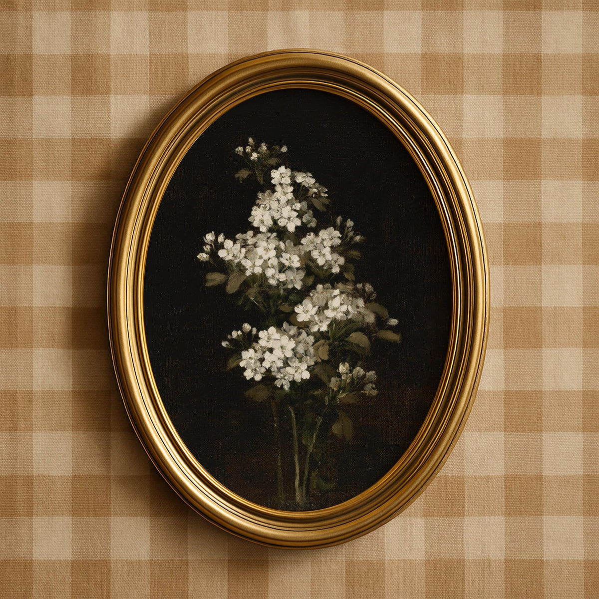 Vintage flower arrangement wall art for dining room — classic still life painting with soft petals and greenery