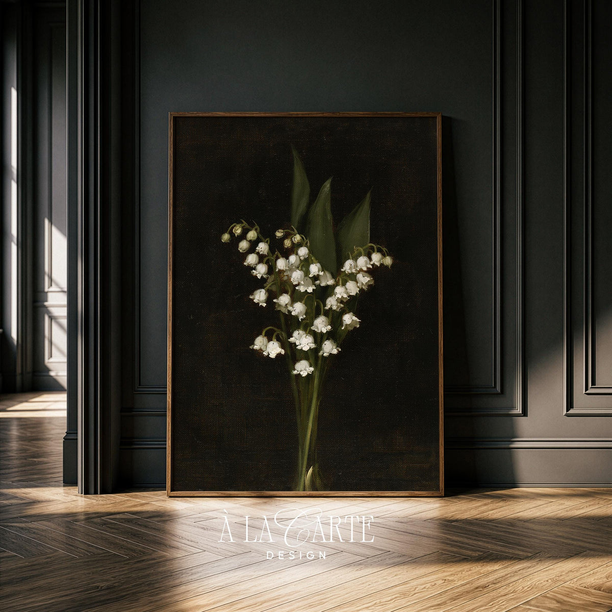 Vintage white flower picture for gallery wall — old-world painting style with muted antique tones