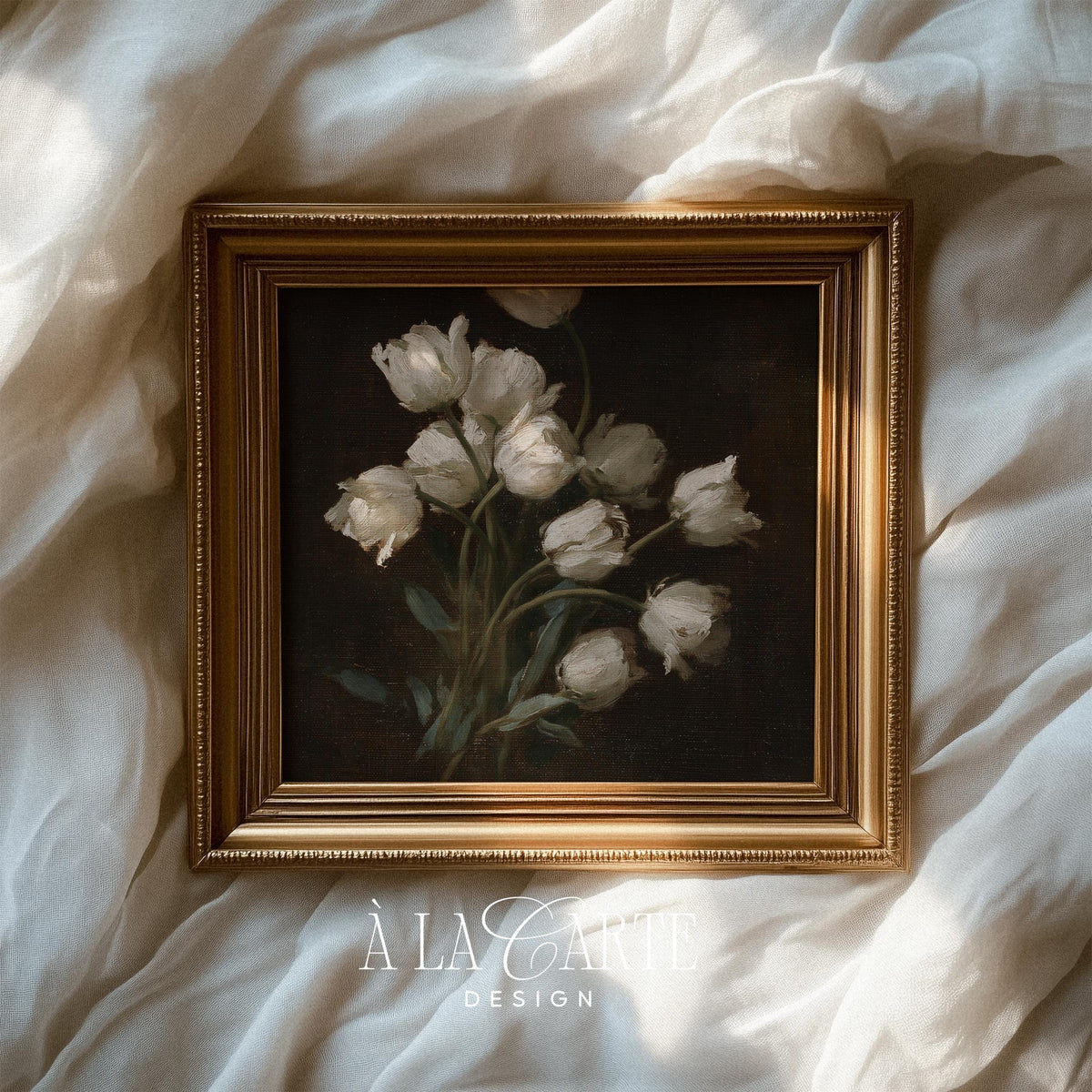 Vintage tulip cluster print for dining room — elegant moody composition with painterly texture