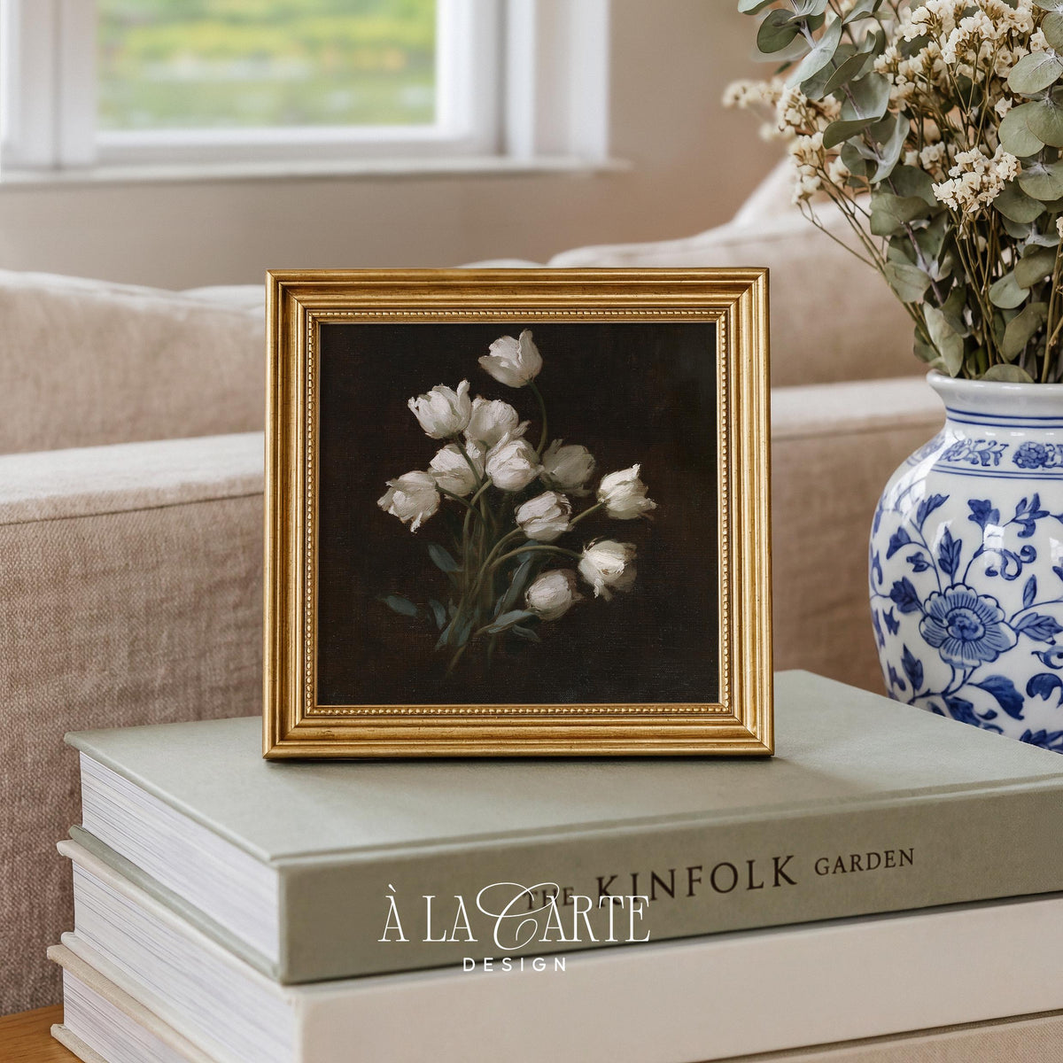 Antique flower arrangement digital print — dramatic dark backdrop with delicate vintage brushwork