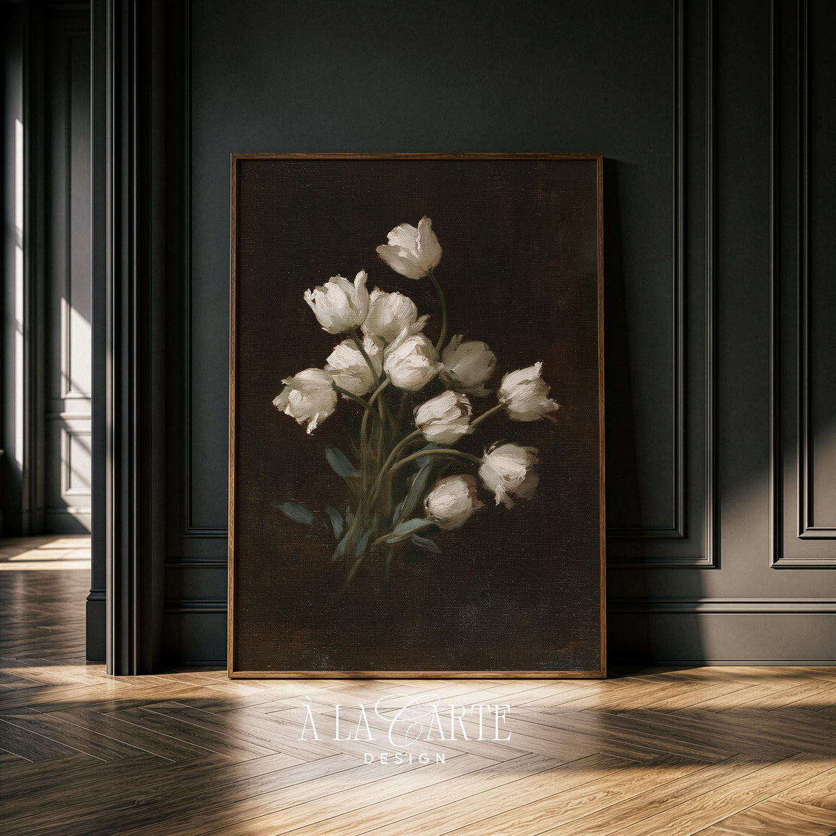 Romantic flower bouquet wall decor — moody still life with soft greens and deep contrast