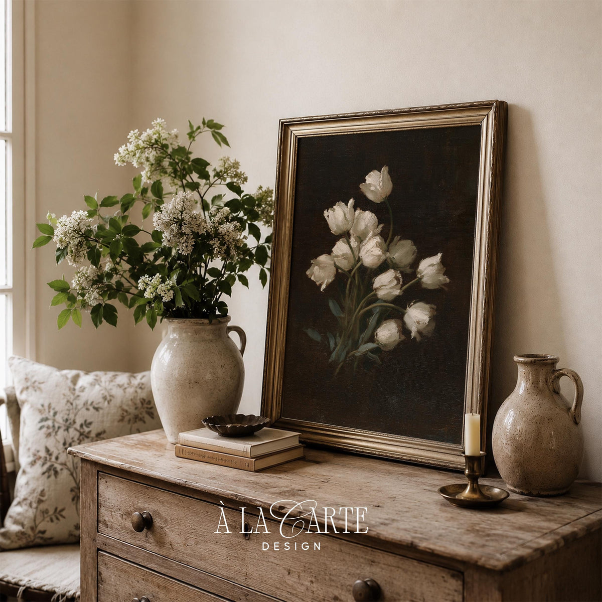 Ivory floral still life poster — atmospheric dark academia wall art with botanical elegance