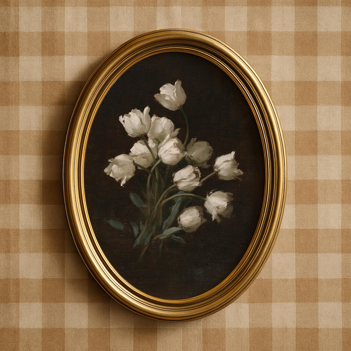 Soft ivory blooms wall art for entryway — moody classic composition with muted green stems