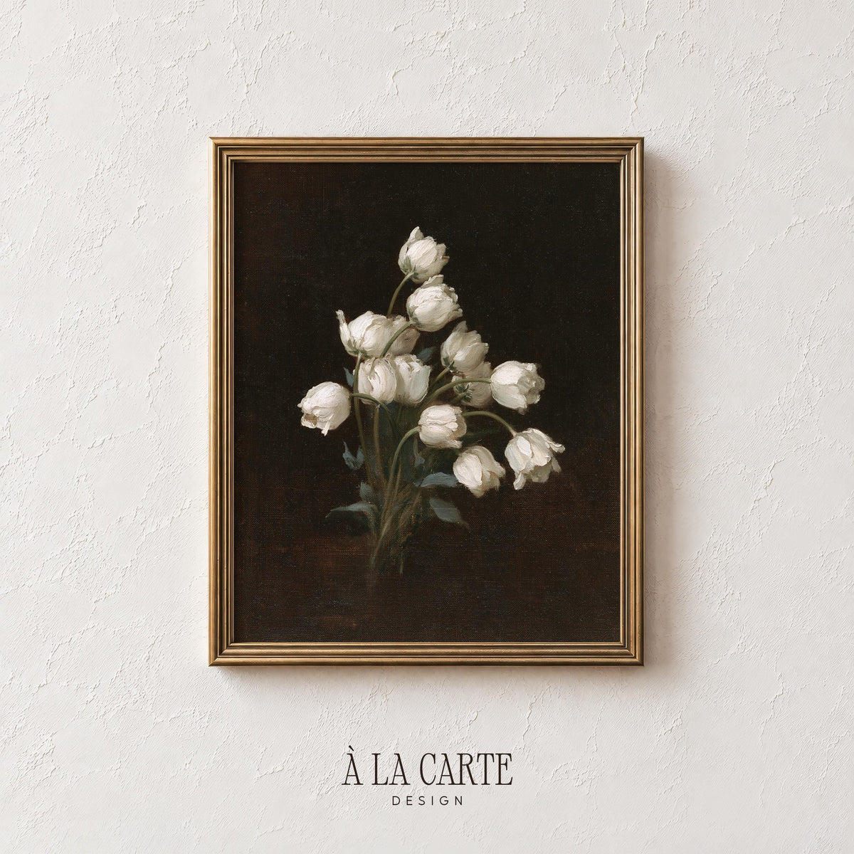 Vintage floral painting print for study room — sophisticated dark tones with delicate pale petals and warmth