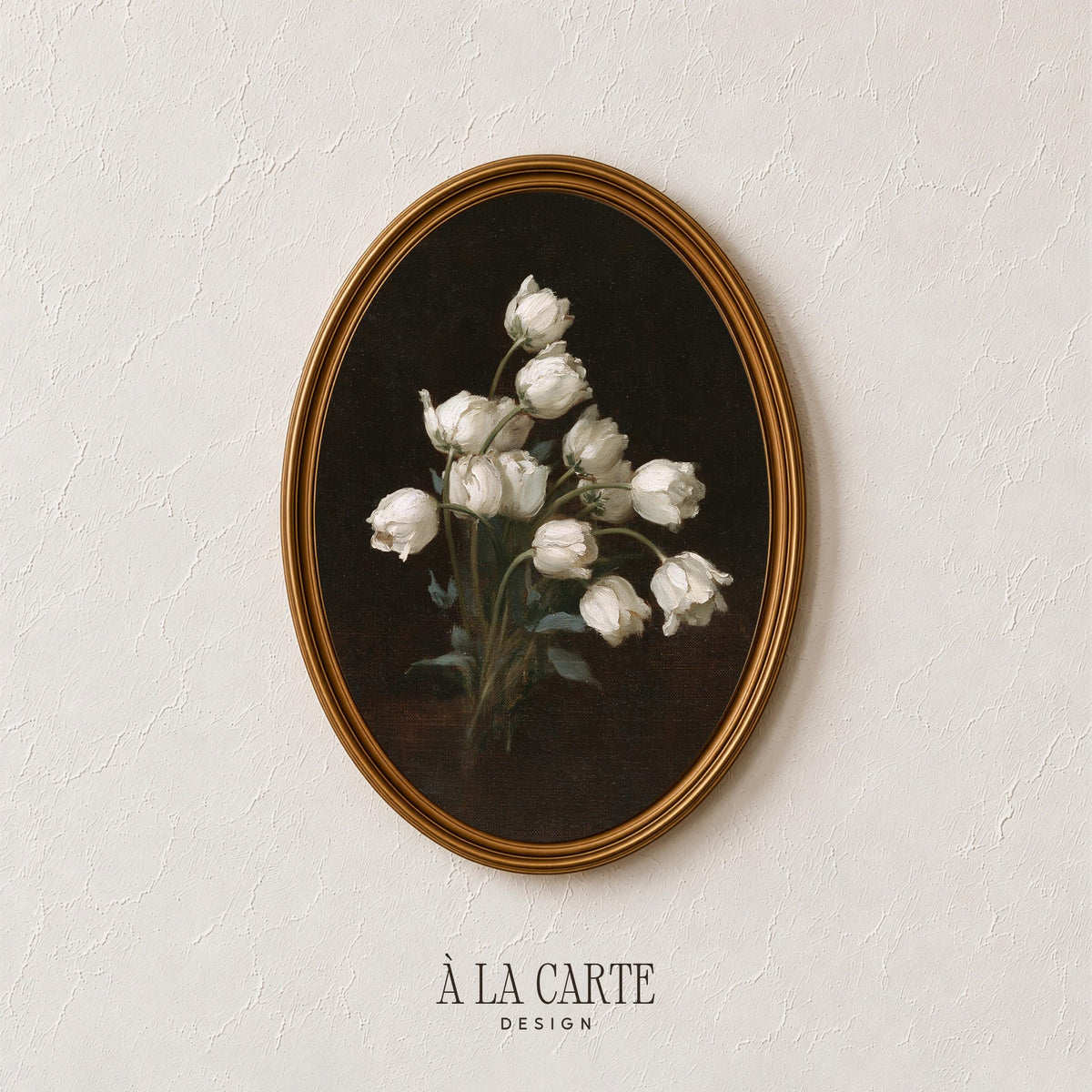 Classical still life wall art featuring white tulips and foliage against dramatic shadowed backdrop