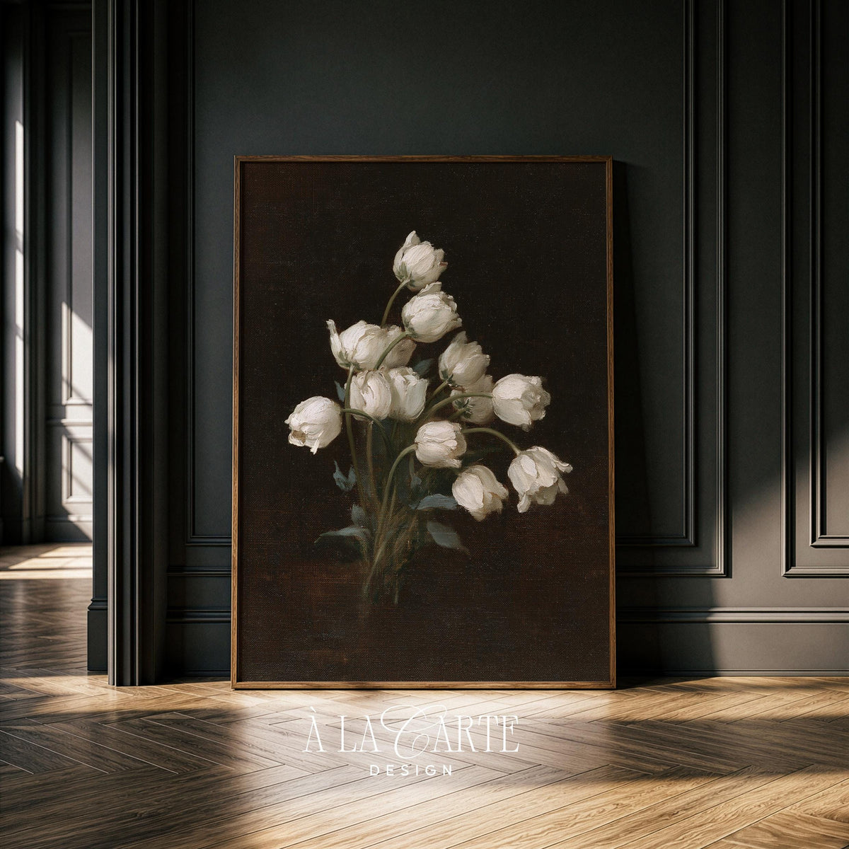 Antique flower study digital artwork for bedroom — muted tones with striking light-shadow composition
