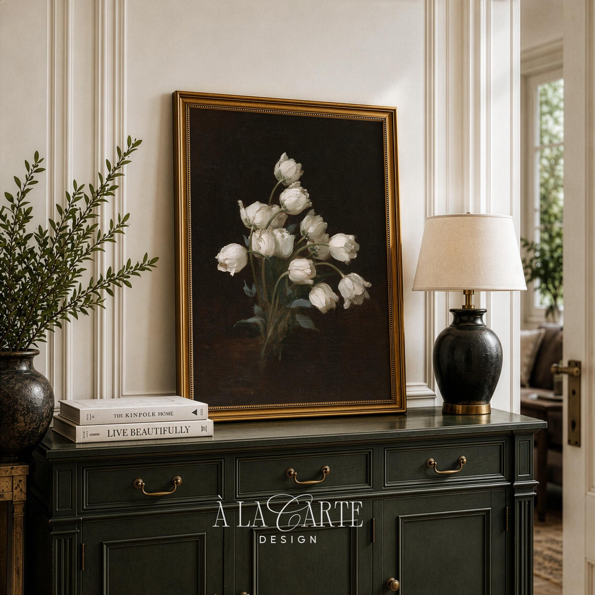 Antique white flower arrangement picture print for living room — rich moody palette with painterly brushwork