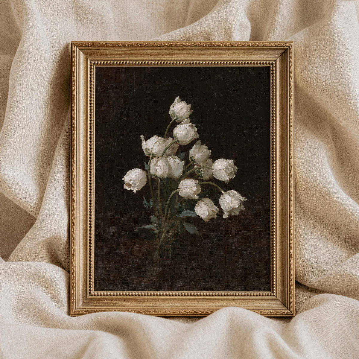 Dark moody floral wall art for dining room — white flower arrangement with soft foliage and dramatic contrast