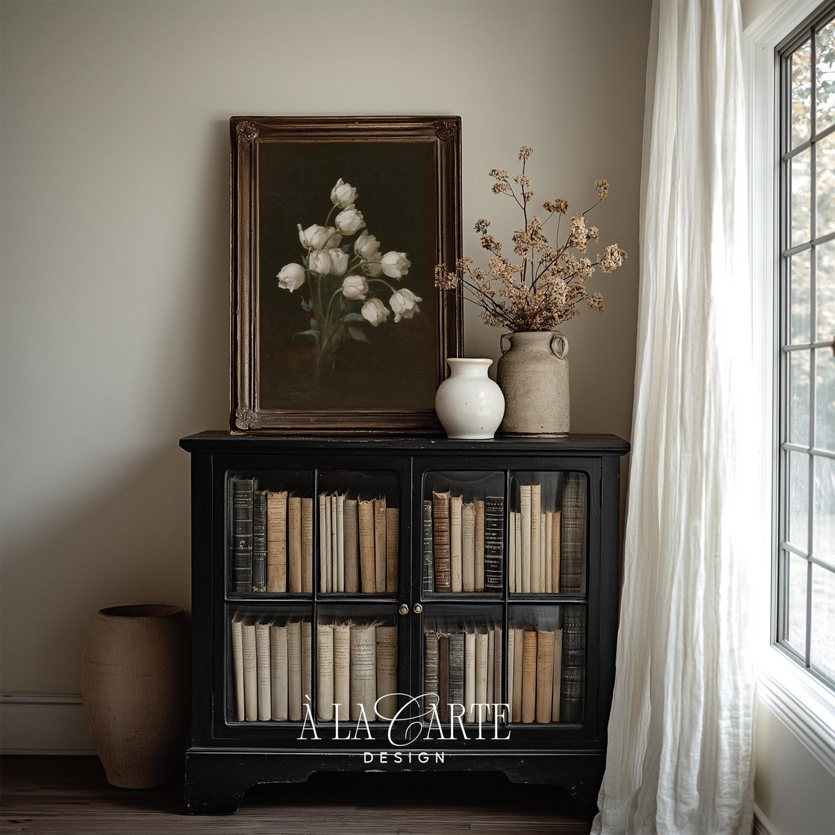 White tulips in vase printable art for bedroom — moody black background with vintage oil painting aesthetic
