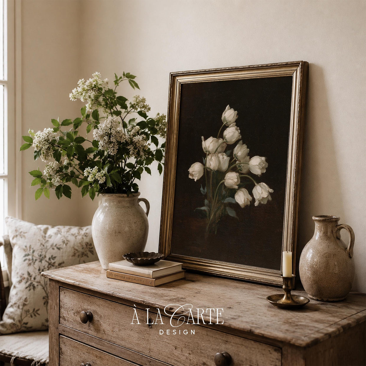 Moody flower bouquet wall decor printable for home office — sophisticated dark academia inspired design