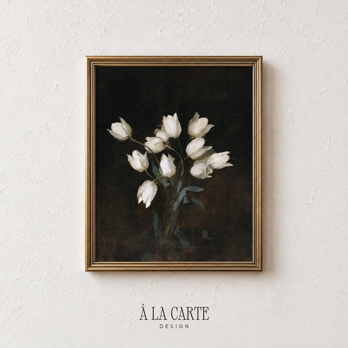 Dark academia floral wall art for bedroom — soft tulips with subtle green foliage on rich background
