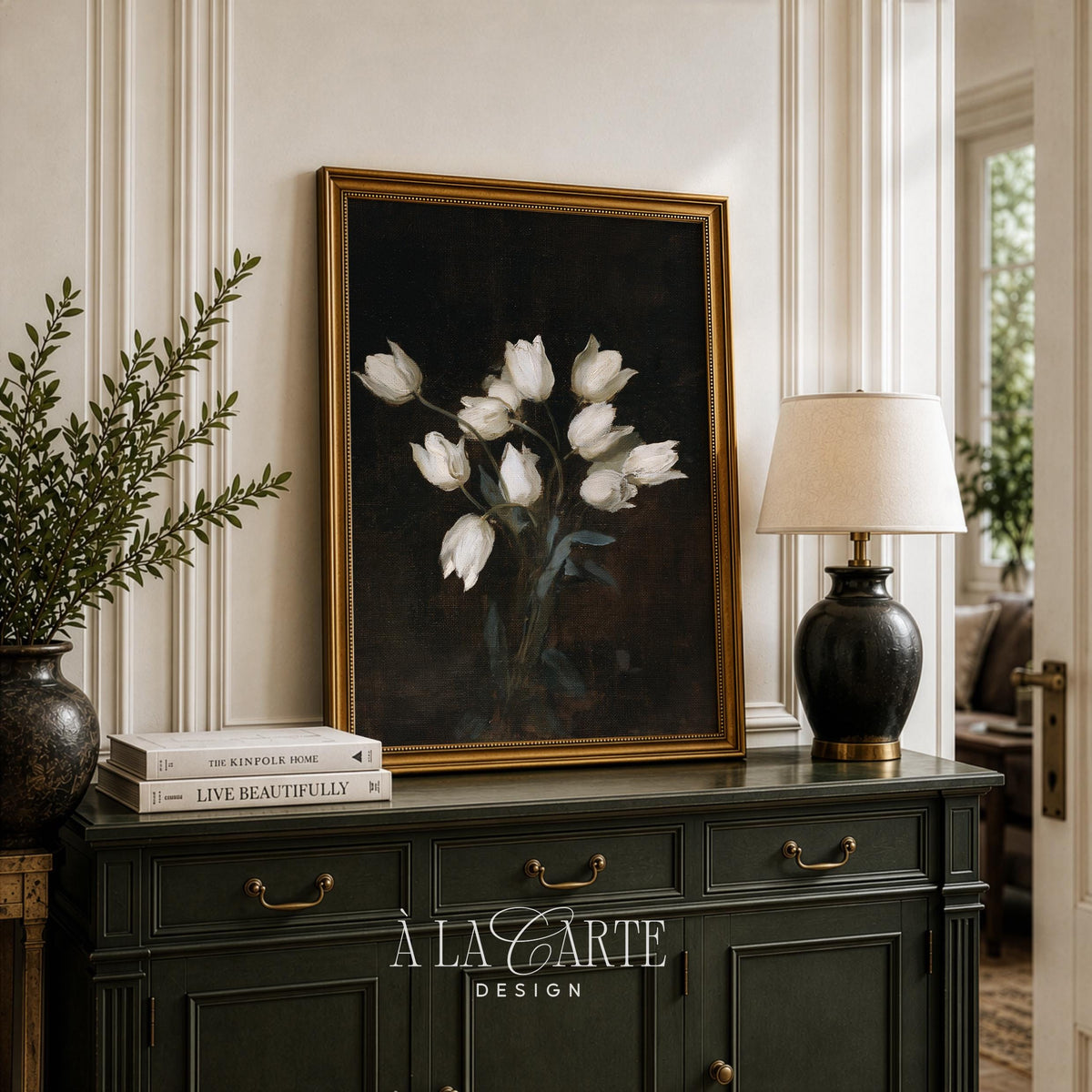 Pale florets instant download art — classic painting style with gothic moody backdrop