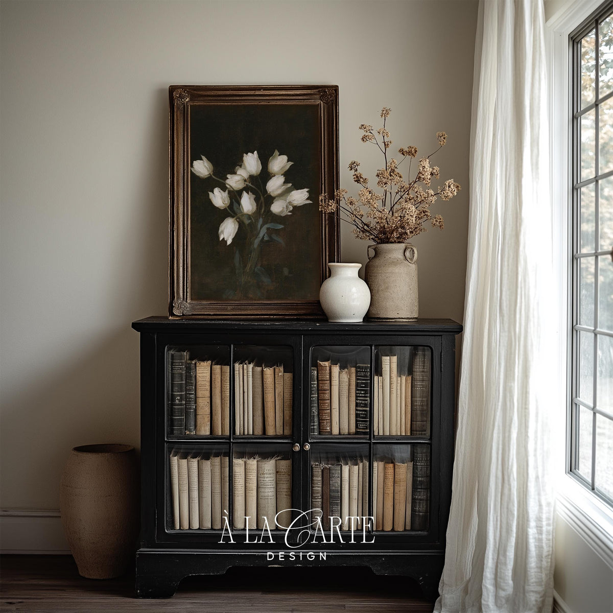 Classic white petals digital artwork for study — atmospheric old-world painting with muted palette