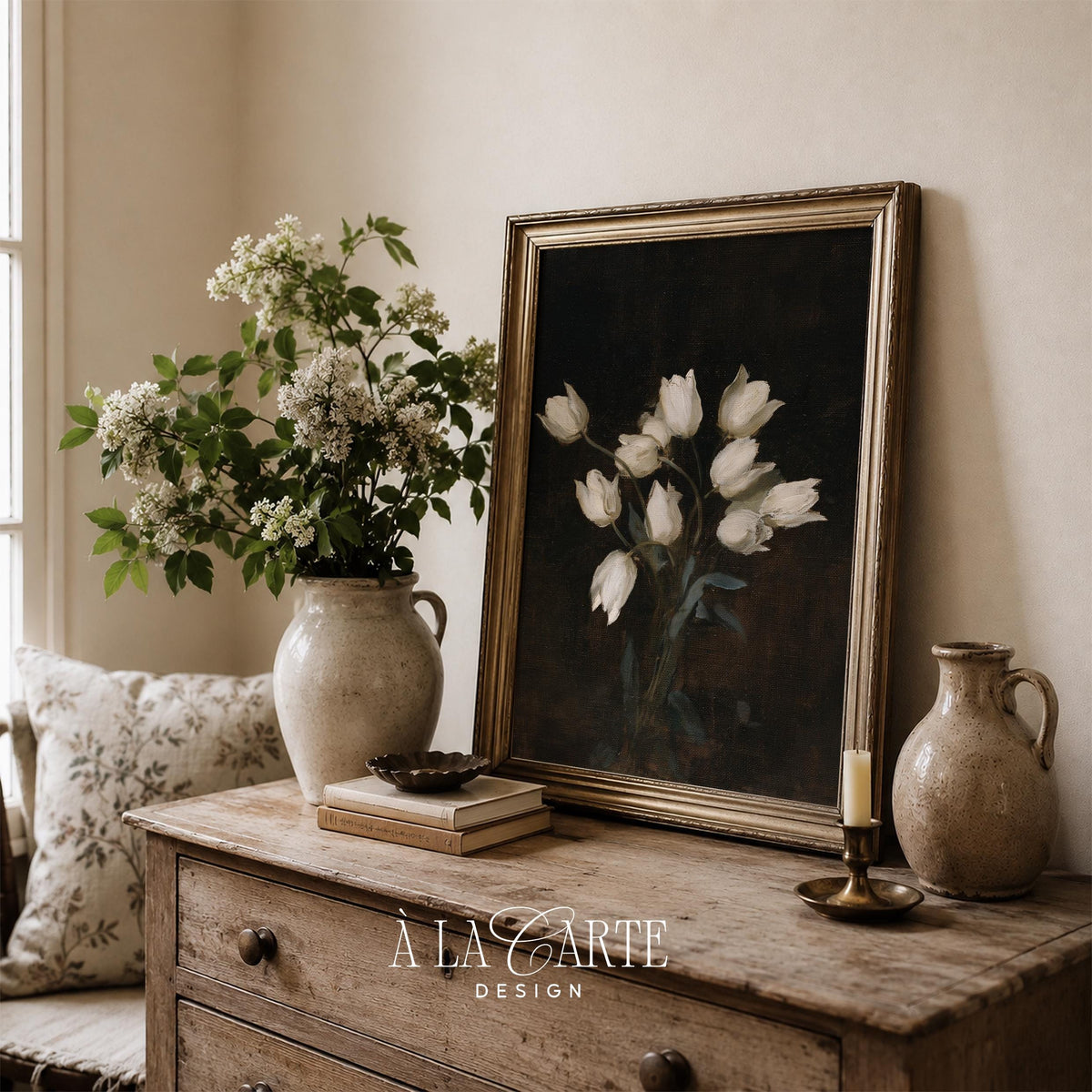 Classic botanical poster featuring delicate blooms — moody vintage palette with old-world elegance