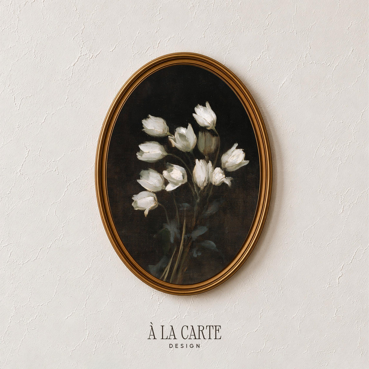 White blossom painting for study — dark romantic floral print with classic, layered brushwork