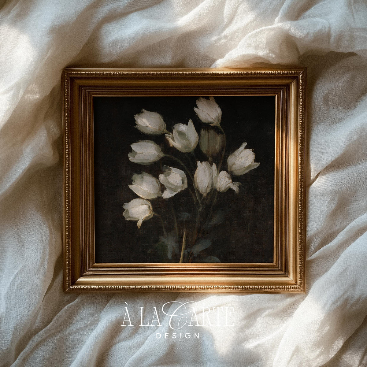 Vintage flower arrangement poster instant download — white cluster with muted greenery against noir backdrop