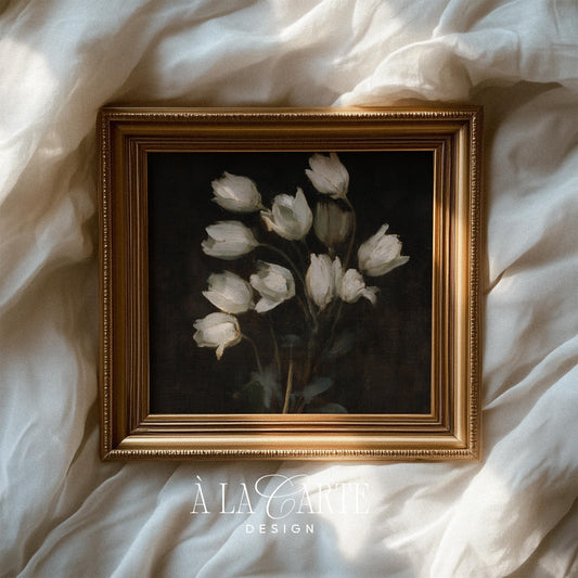 Vintage flower arrangement poster instant download — white cluster with muted greenery against noir backdrop