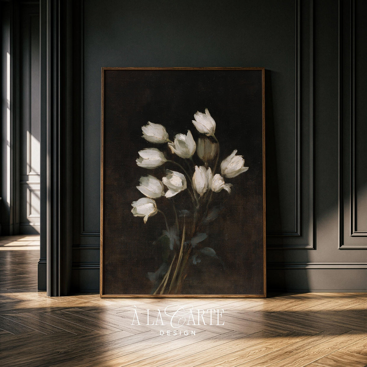 Moody white flower digital art poster — timeless still-life with rich layered textures and elegant dark tones