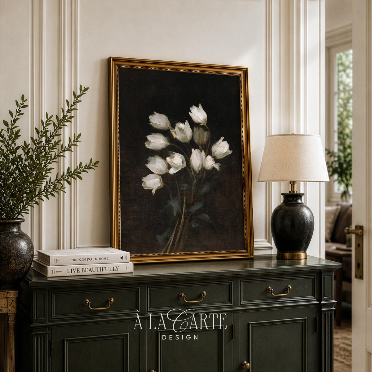 Elegant bloom poster featuring soft petals — vintage dark academia aesthetic wall art for sophisticated spaces