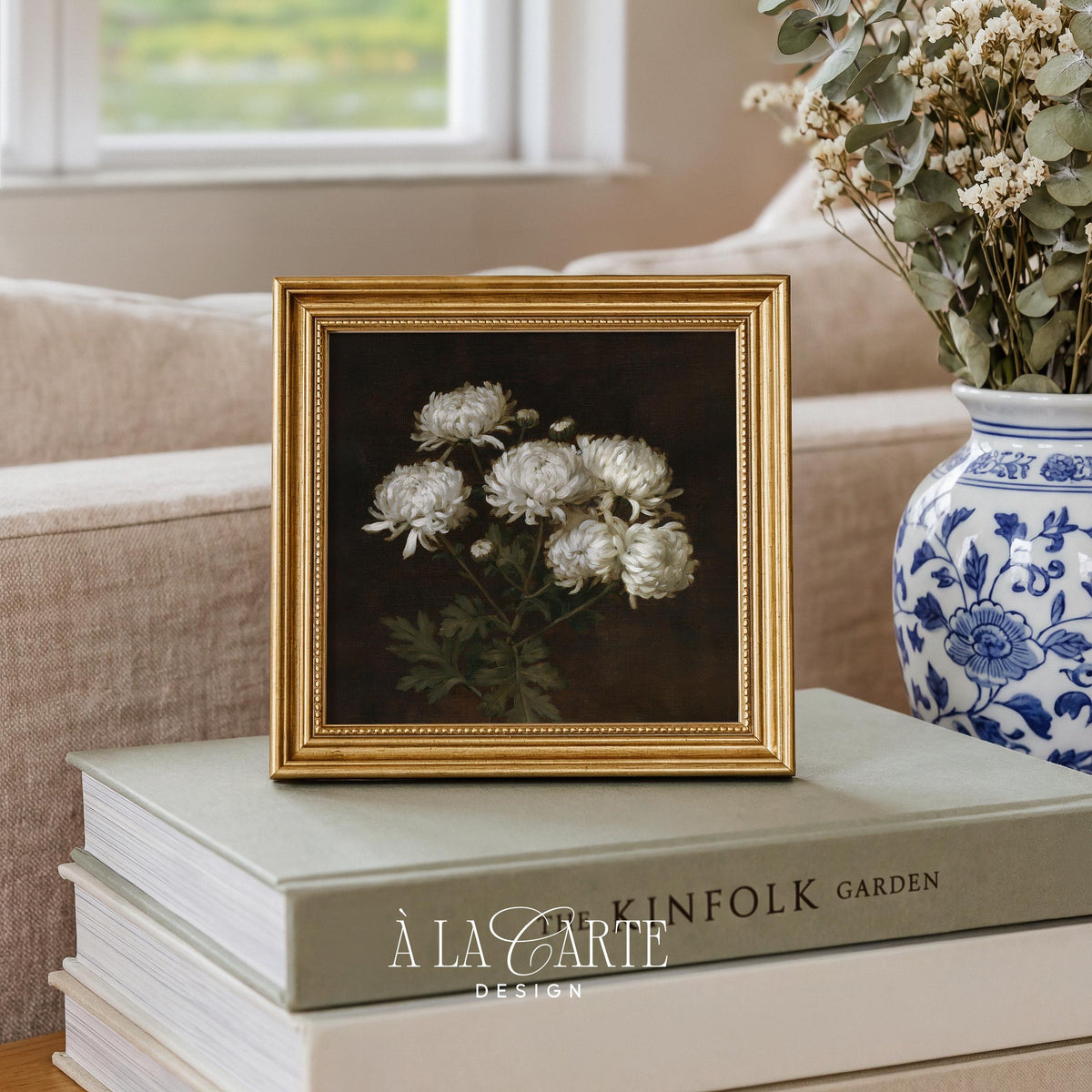 Botanical study poster — creamy blooms against near-black canvas with old-world elegance and soft detail