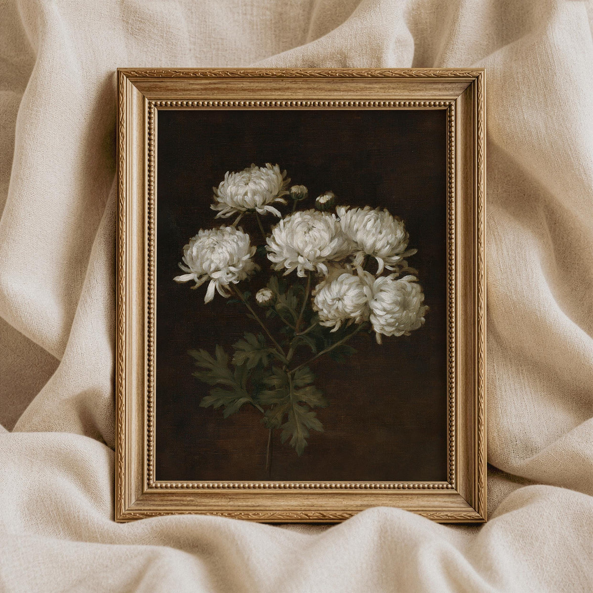White chrysanthemum cluster picture — classic botanical artwork with soft brushwork and timeless mood