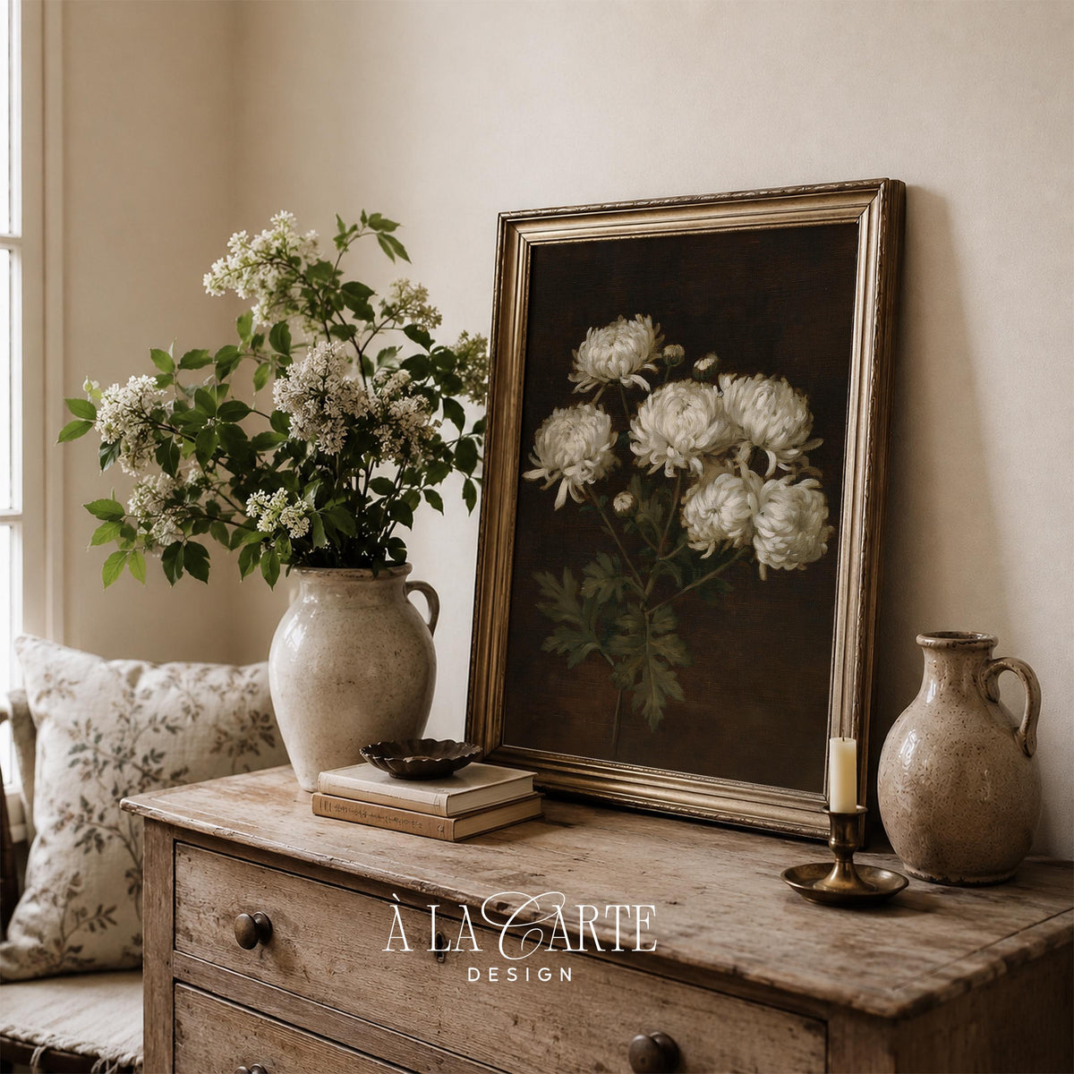 White petal flower wall art for entryway — moody romantic botanical with subtle aged aesthetic
