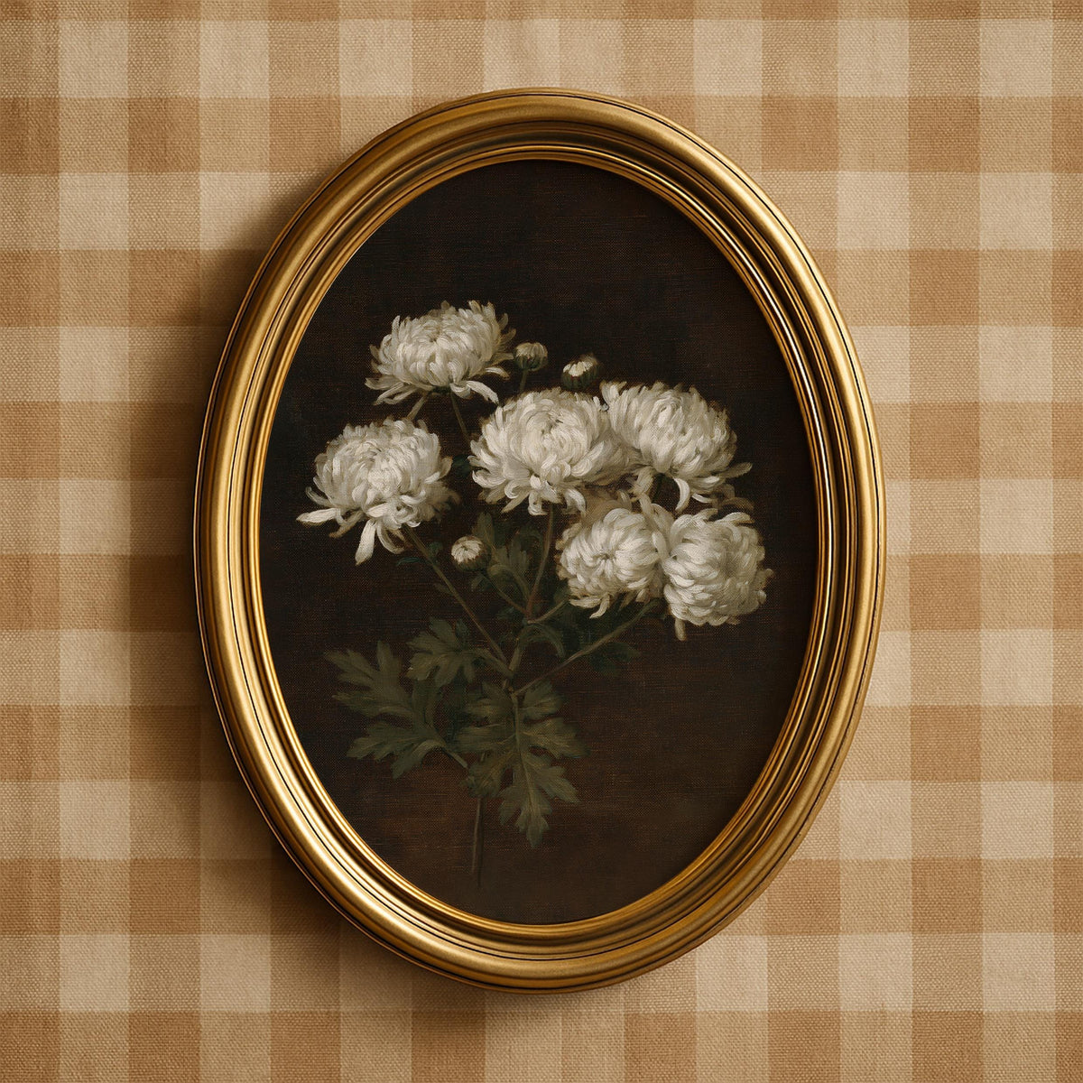 Gallery-style floral print for bedroom — white layered blooms with dark moody backdrop and painterly finish