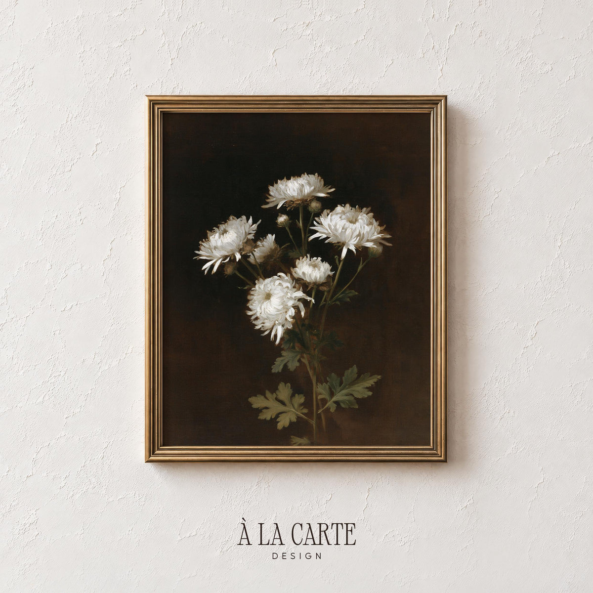 Classical flower picture for study — pale blooms with green foliage against mysterious moody backdrop