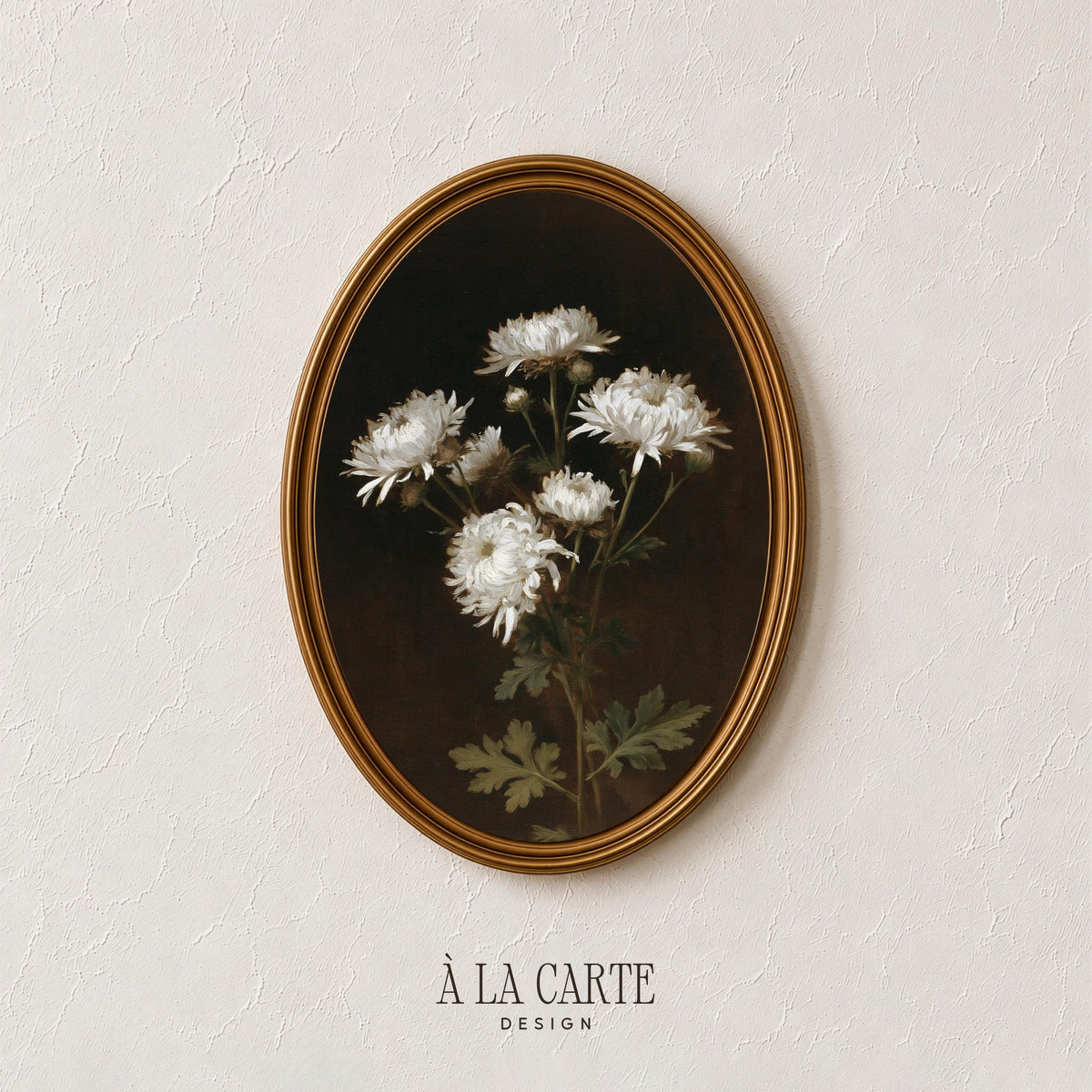 Moody floral painting printable for gallery wall — white chrysanthemums with dramatic chiaroscuro and antique elegance