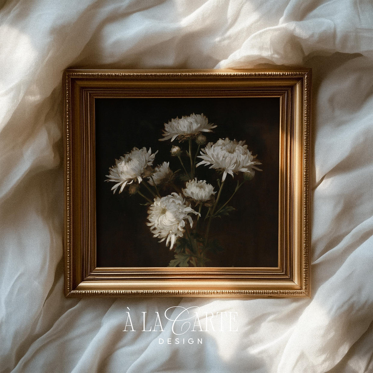 Moody botanical digital print — white chrysanthemums with slender stems and richly textured vintage finish
