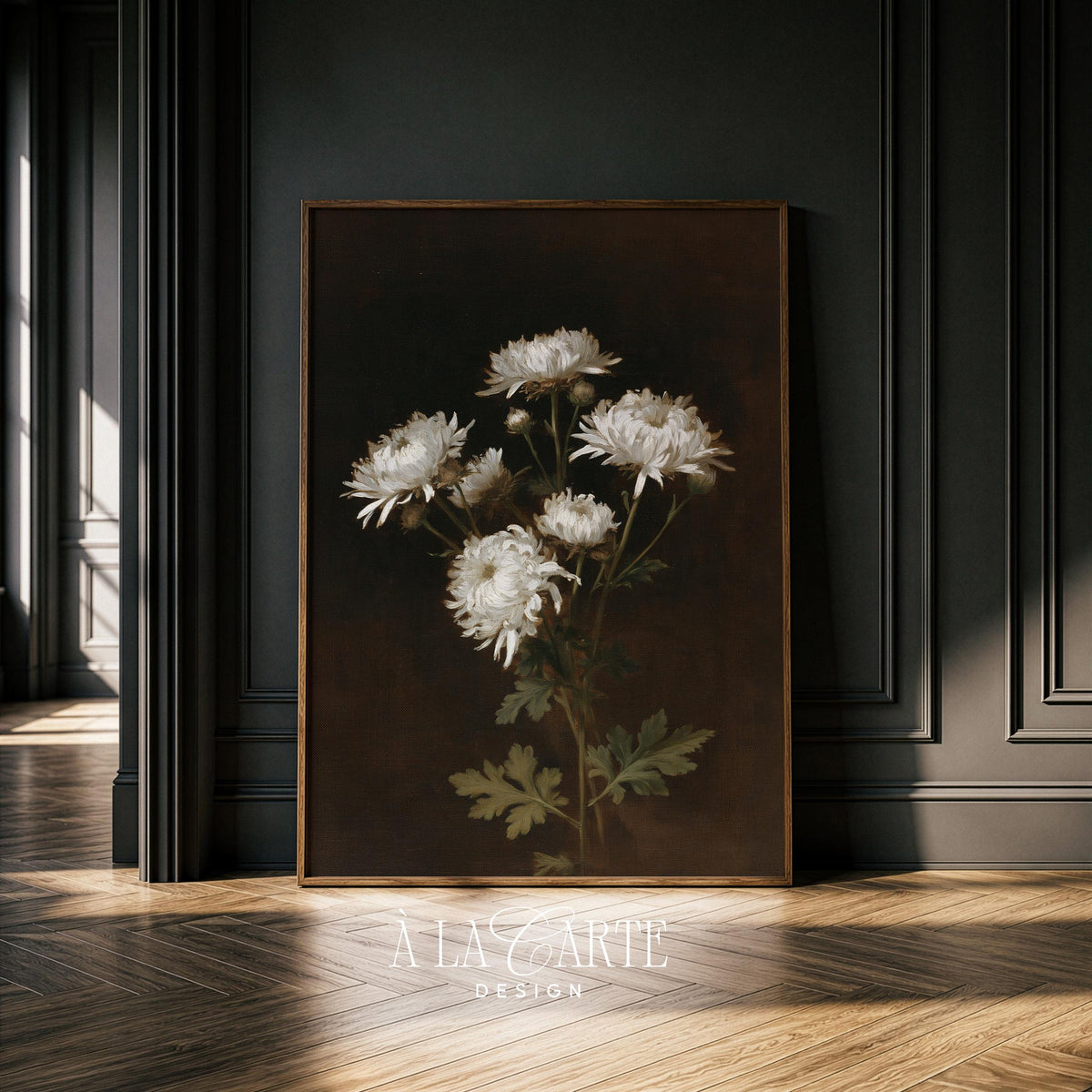 Dark academia flower print — luminous chrysanthemums with textured brushwork and dramatic lighting effect
