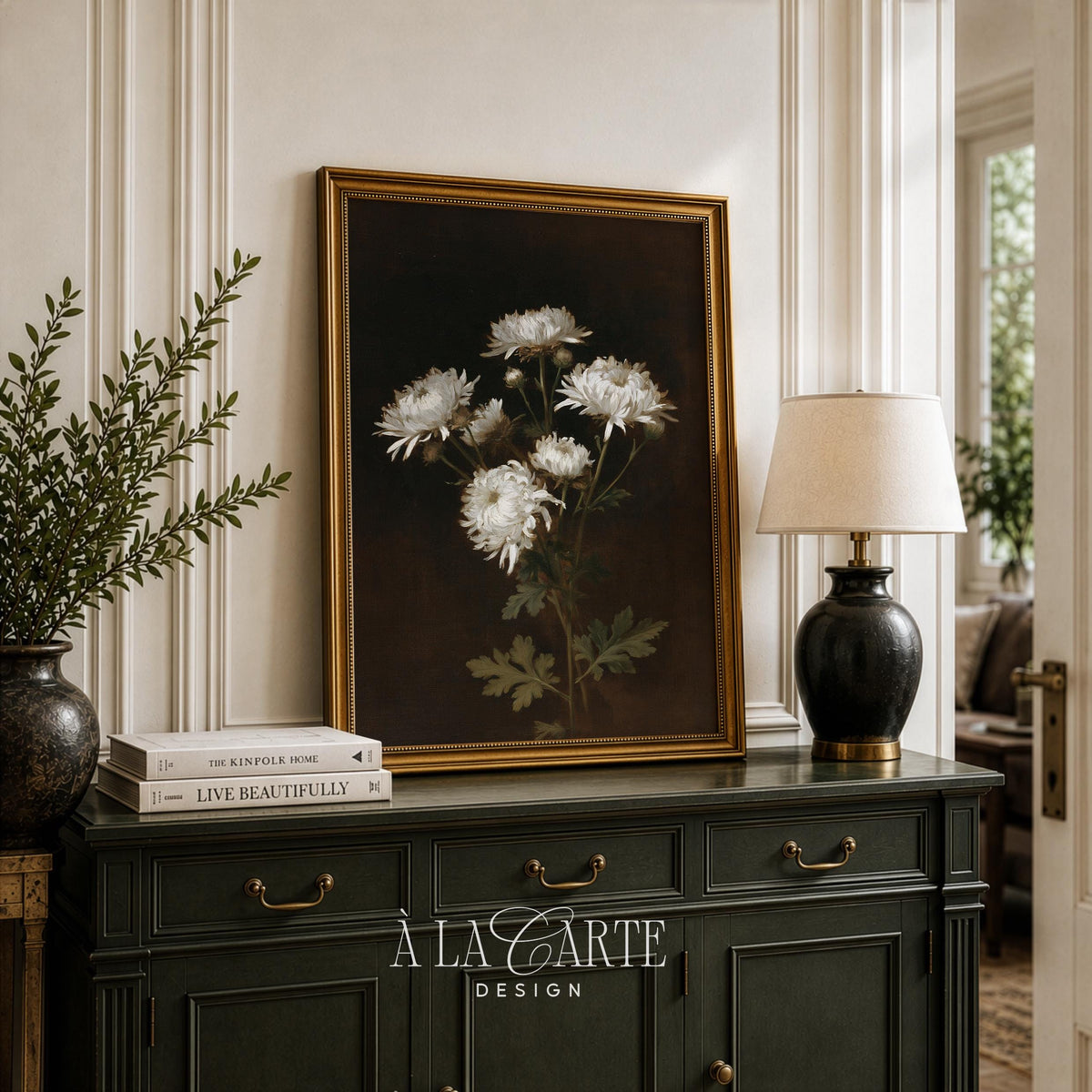 Antique still life painting wall art featuring white blooms — muted earthy tones and shadowy background