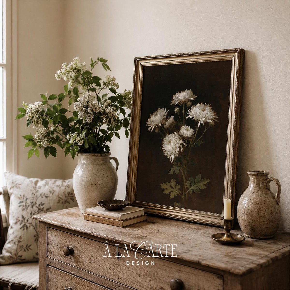 Moody floral poster for entryway — vintage-inspired mums with delicate petals and rich atmospheric depth