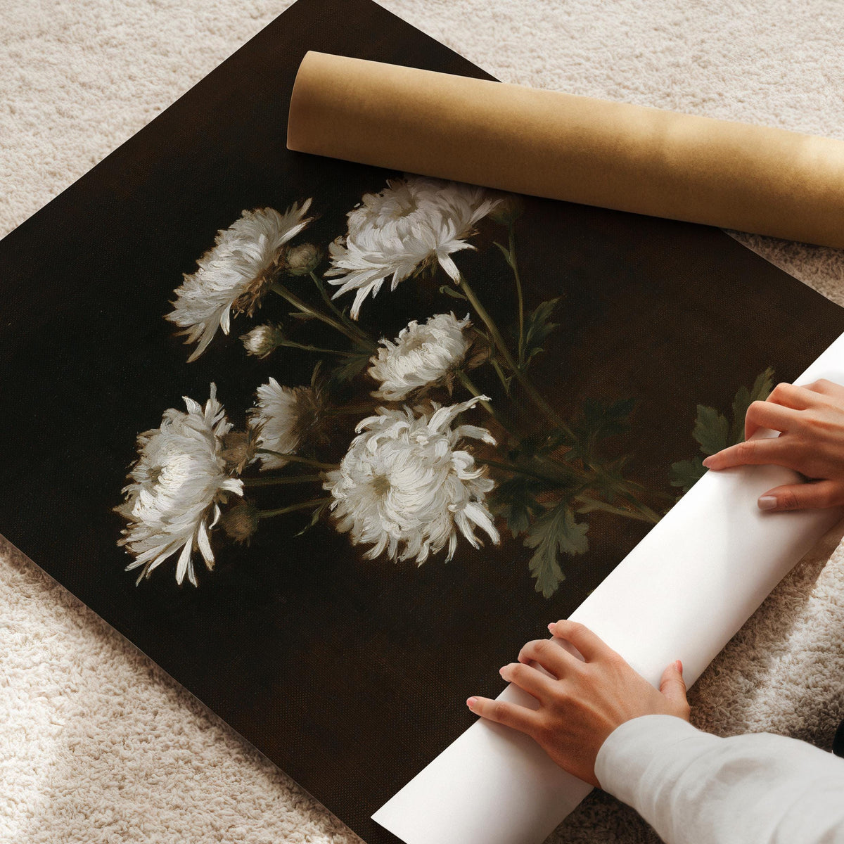 Dark background floral artwork print — luminous white petals with vintage botanical rendering and texture