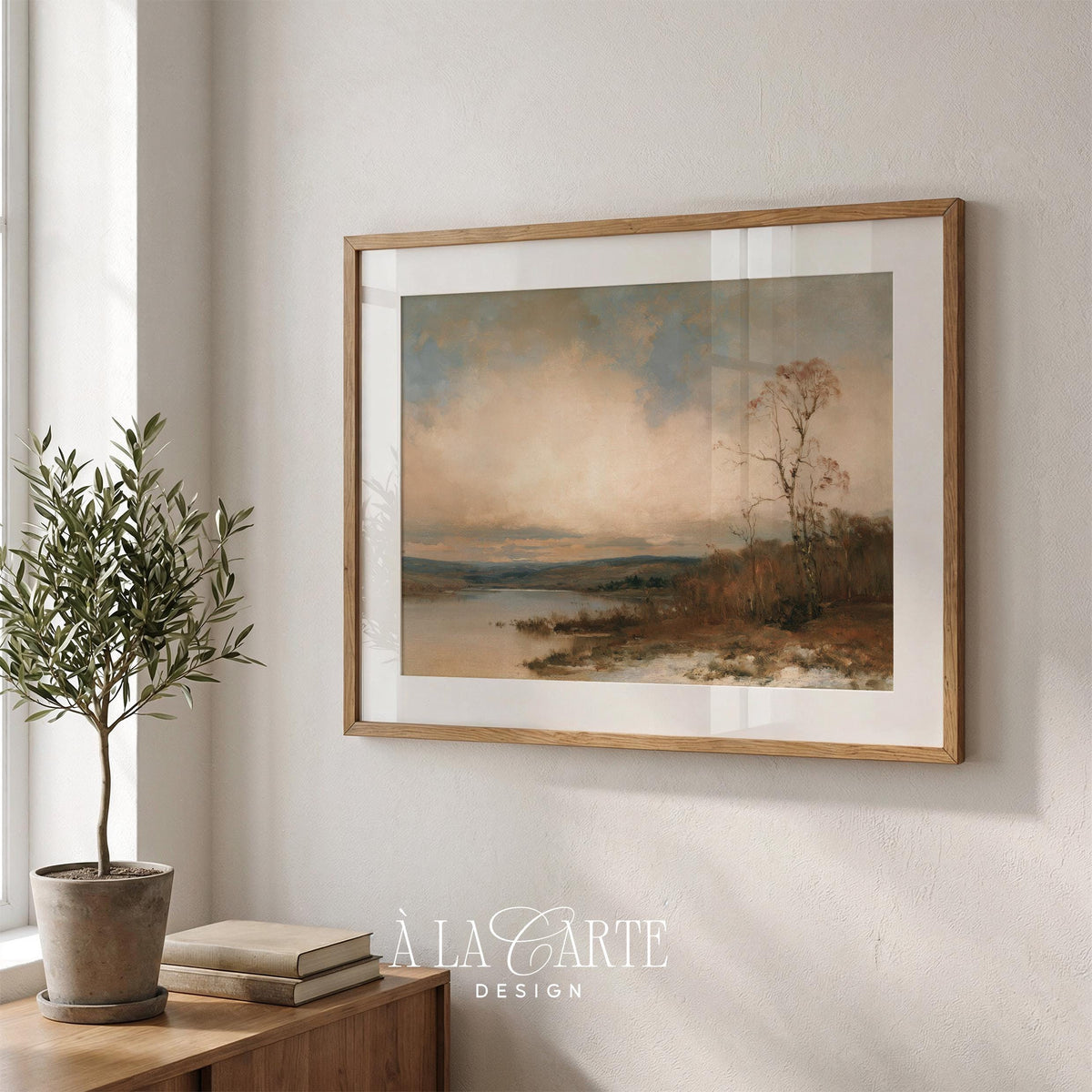 Peaceful lakeside digital print — rustic fall scenery with muted browns and ethereal morning light