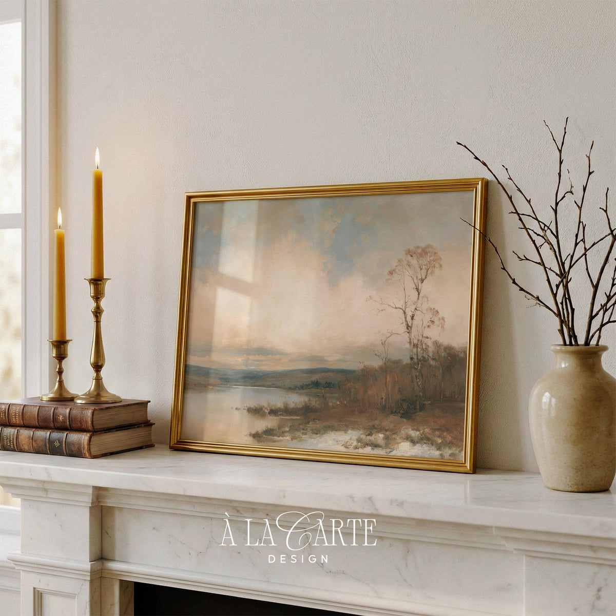 Early dusk landscape picture for bedroom — moody fall artwork with reflective surface and distant hills