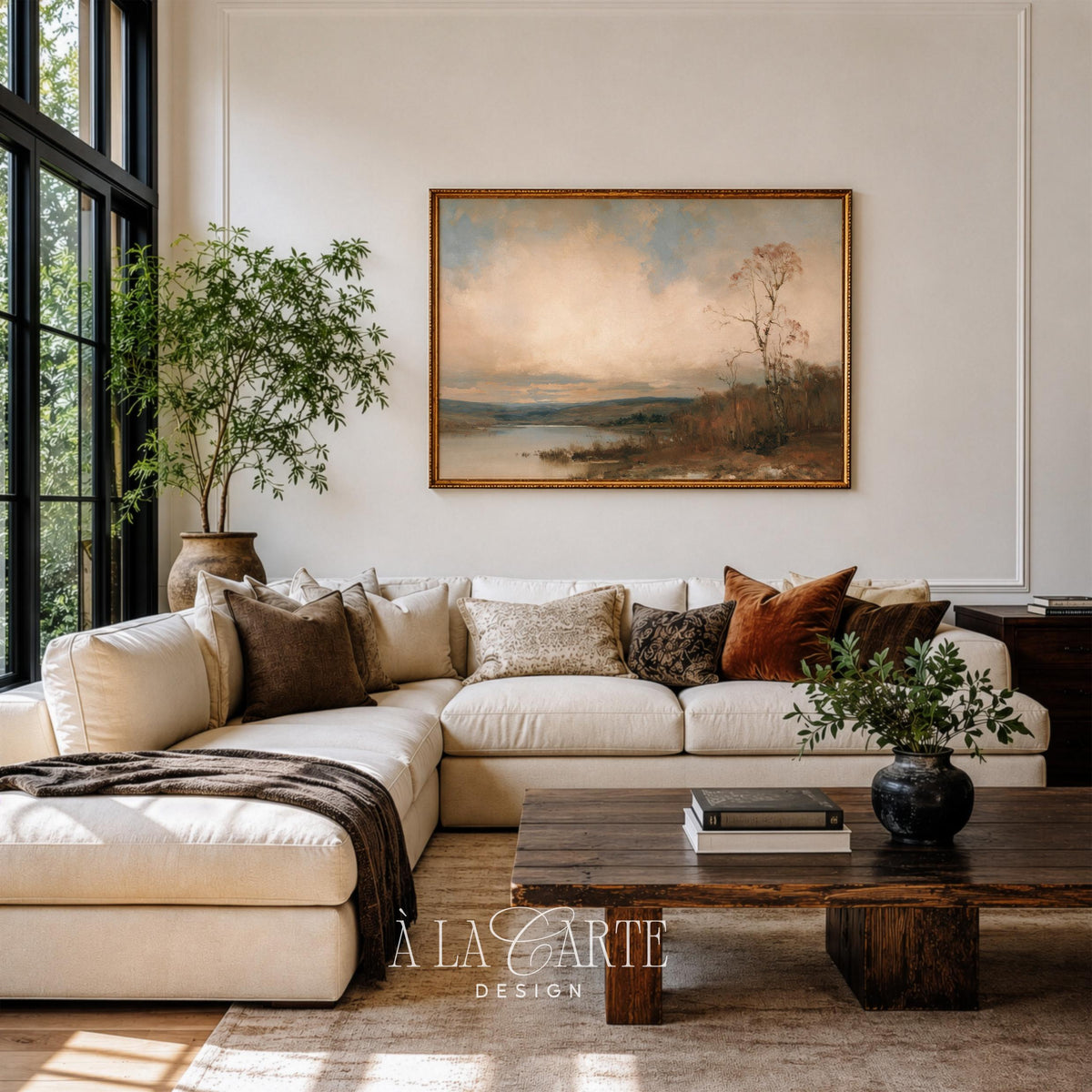 Fall shoreline poster for living room — moody countryside scene with soft earthy tones and calm water