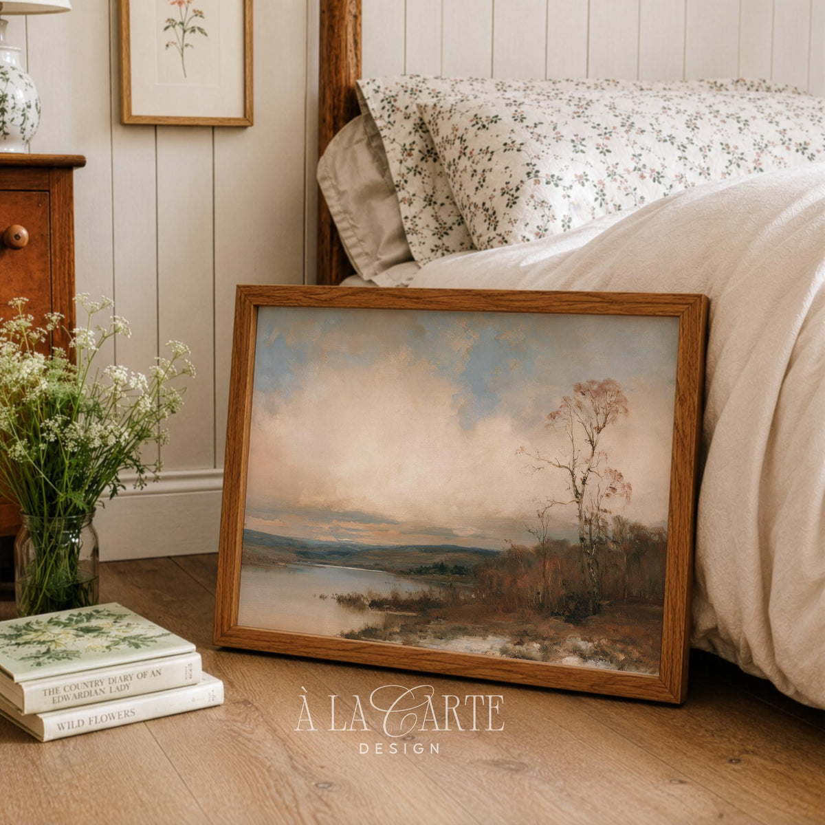 Farmhouse autumn scene printable art — serene lake view with soft-focus hillside and glowing edges