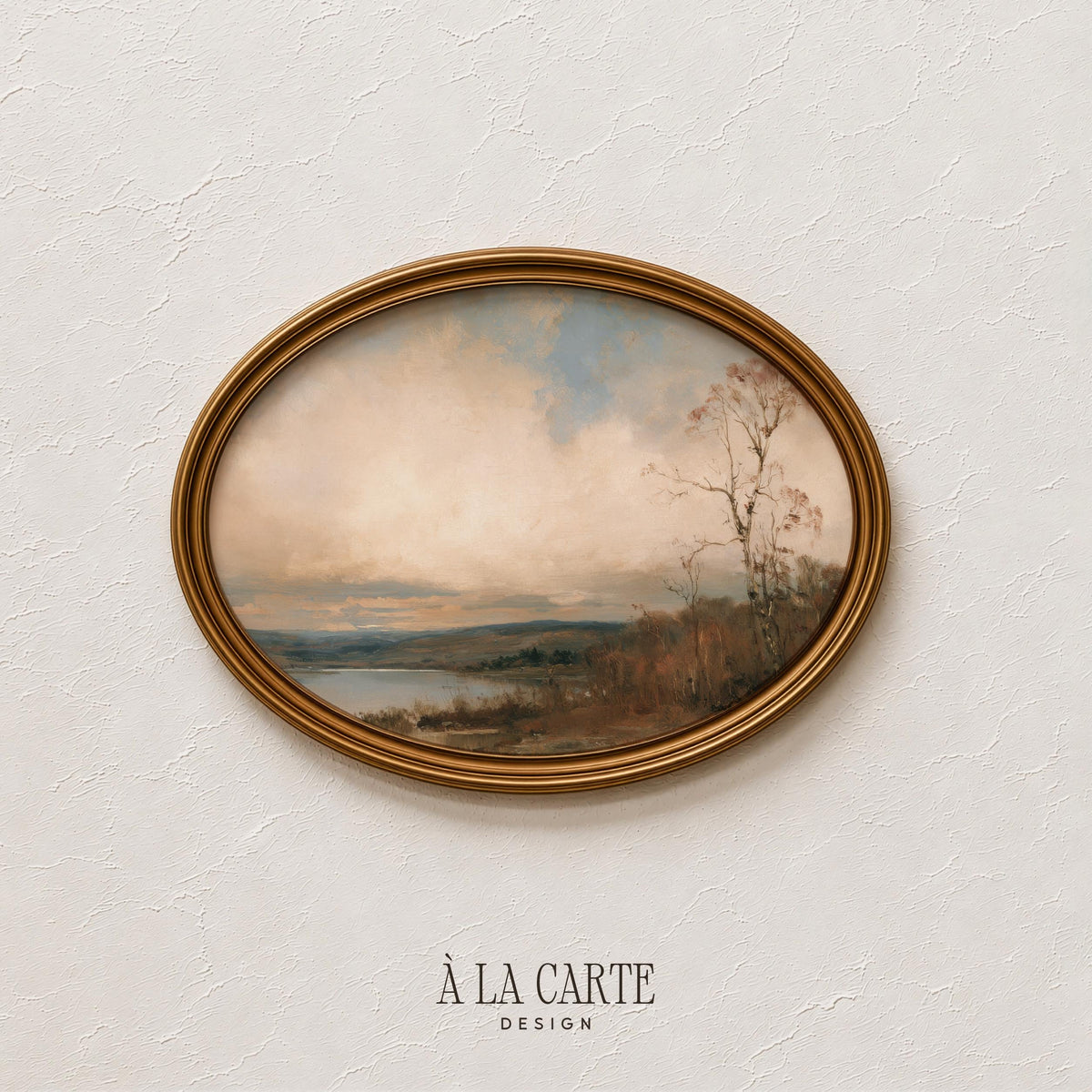 Leafless forest wall art by water — printable seasonal piece with warm cream and bronze tones