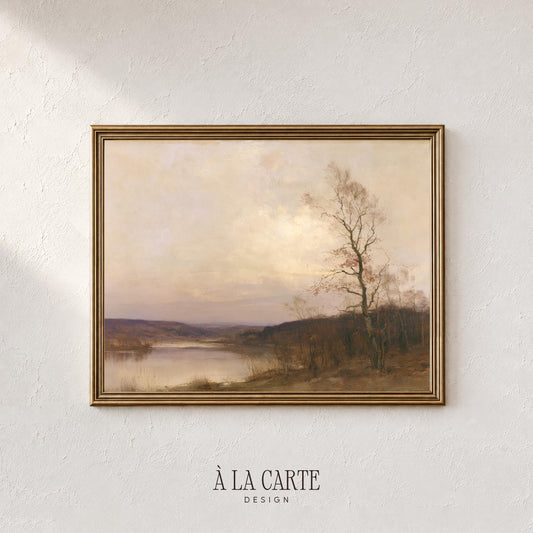 Moody harvest season painting digital download for gallery wall — still water reflecting pale sky with autumn foliage