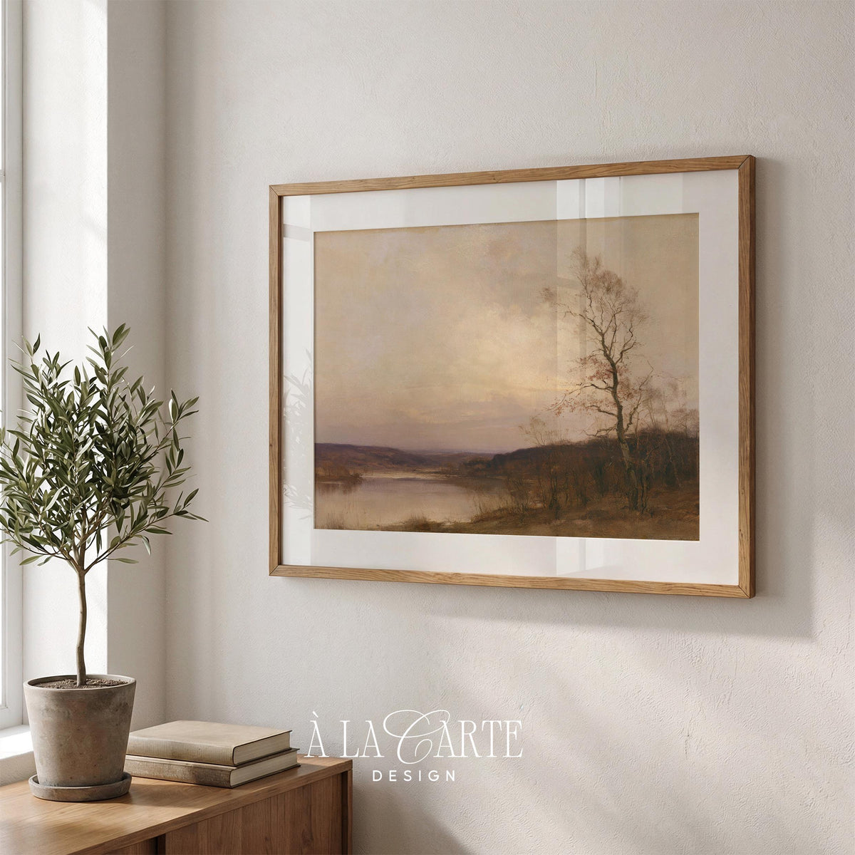 Serene countryside river picture wall art for living room — vintage aesthetic with warm taupe and dusty brown tones