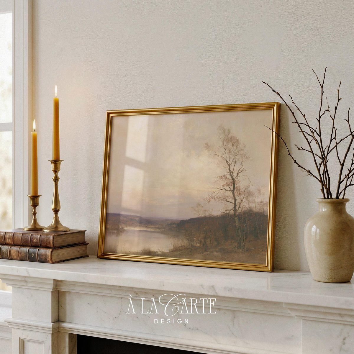 Golden hour nature artwork wall print for bedroom — quiet countryside vista with fading light and distant tree line