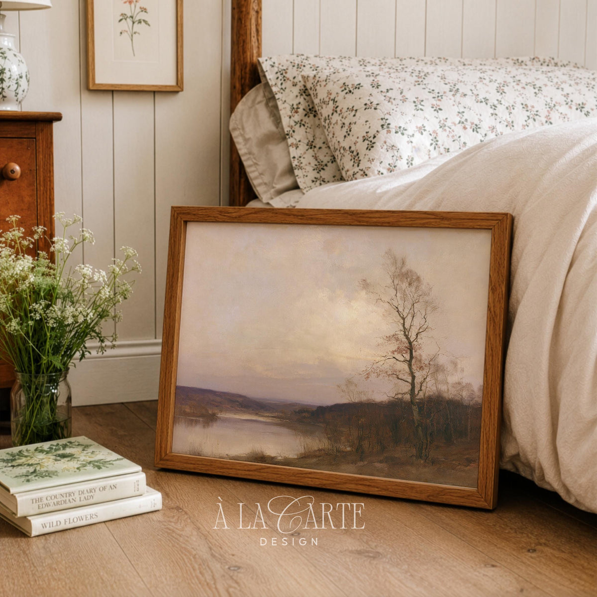 Soft autumn woodland painting wall print for living room — moody fall scenery with faded warm tones and calm water