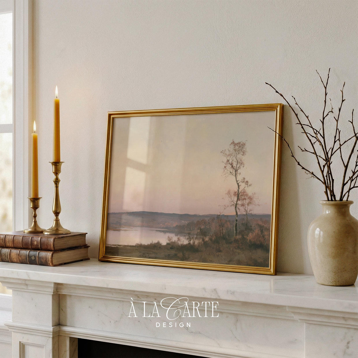 Autumn lake painting printable art for bedroom — golden tree with muted pink and lavender tones