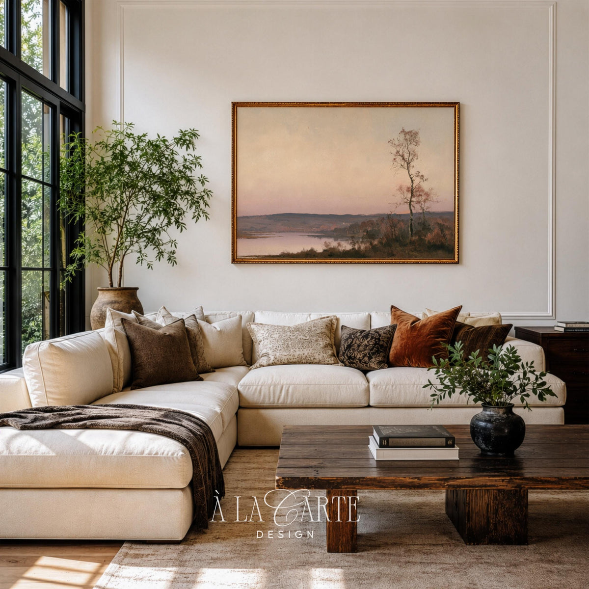 Dawn or dusk lake scene wall art printable — vintage countryside mood with gentle golden foliage