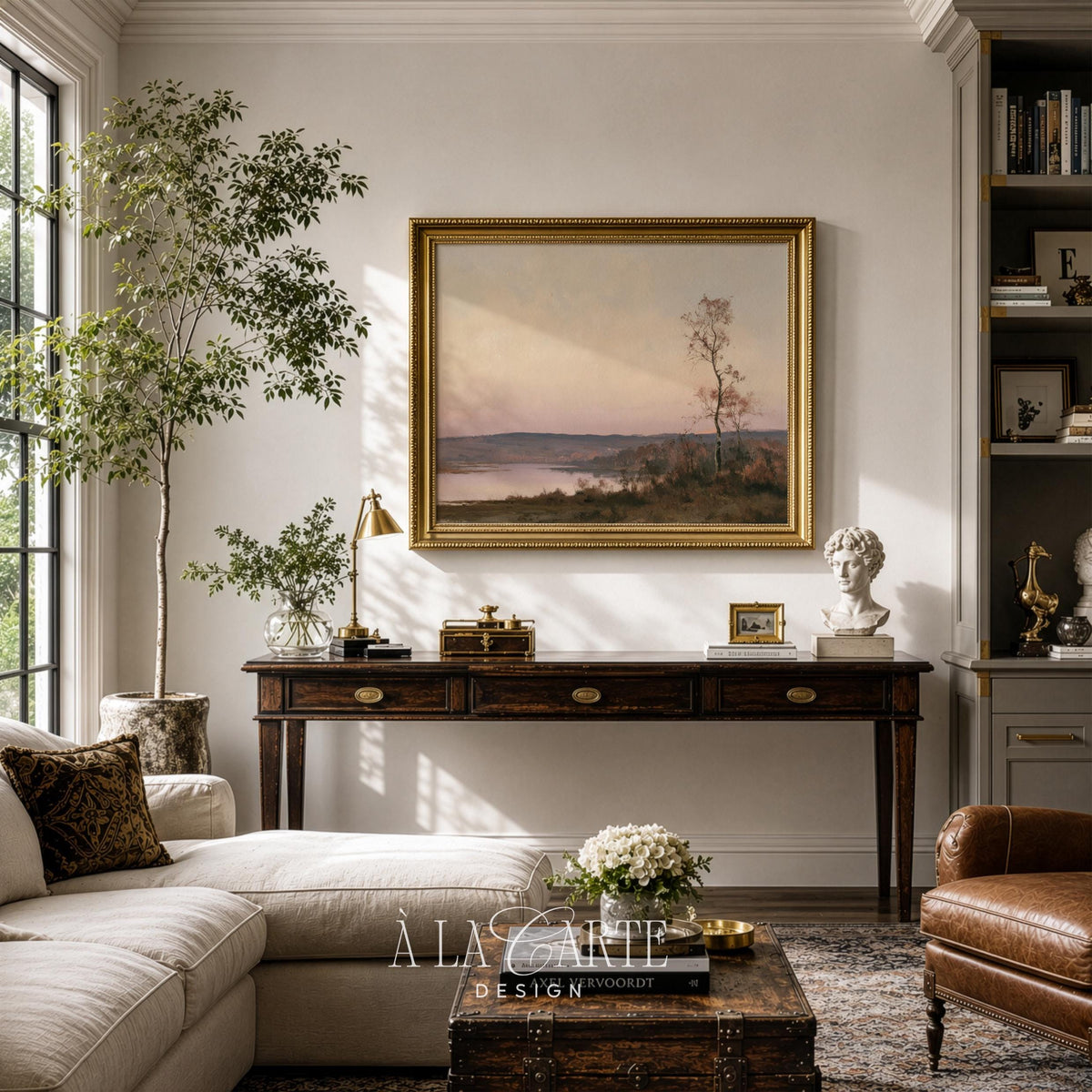 Misty hillside digital artwork for living room — quiet autumn scene in lavender, blush, and cream tones