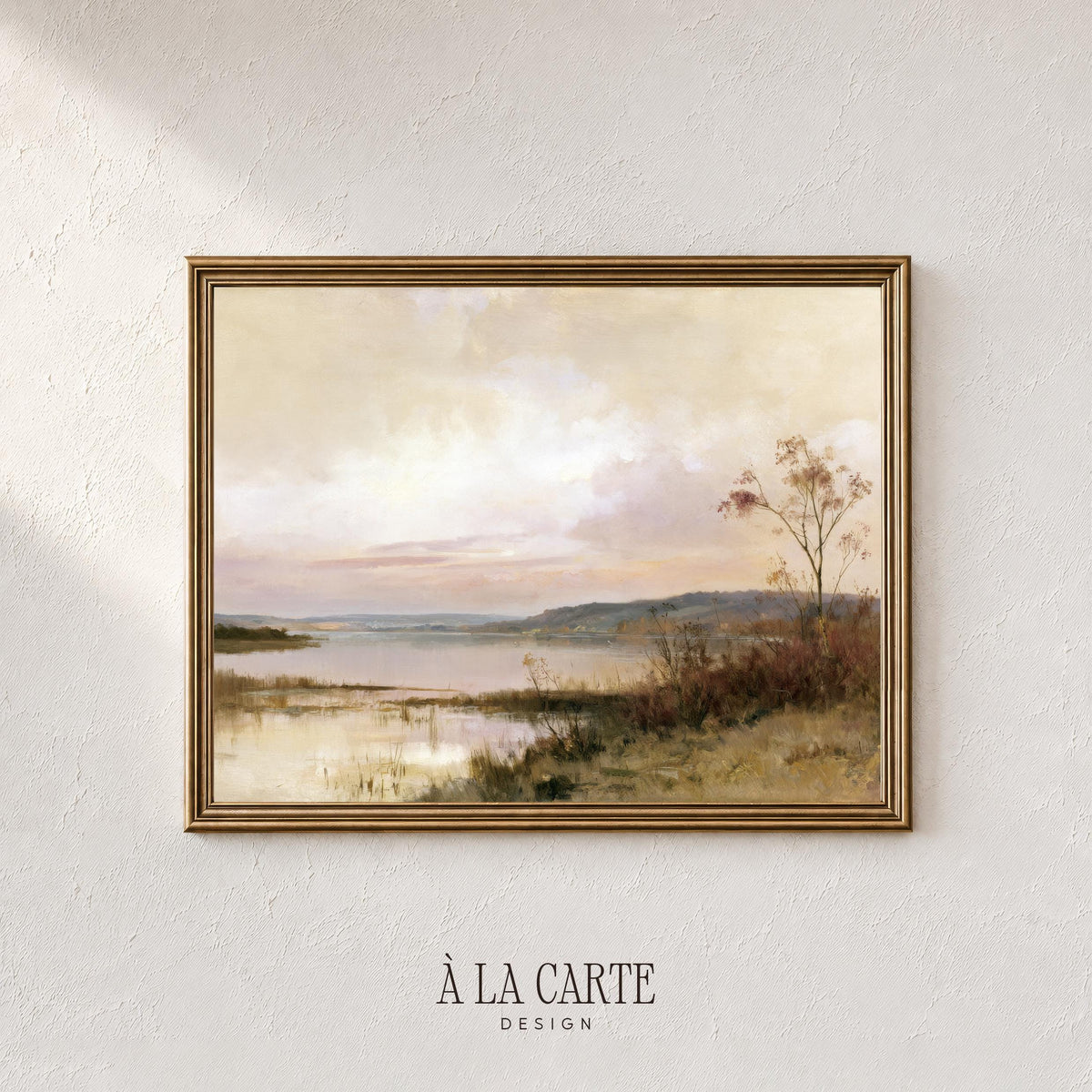 Still water landscape poster featuring rolling hills and glowing sky — cozy muted autumn aesthetic
